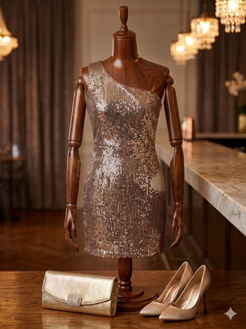 Asymmetric Cocktail Dress Gold/Bronze Sequins